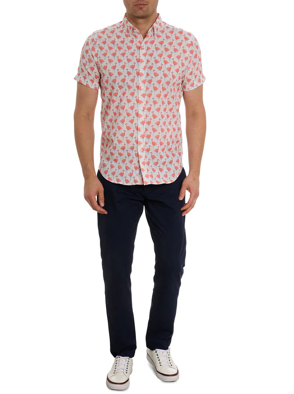 POLKA FLAMINGO SHORT SLEEVE BUTTON DOWN SHIRT