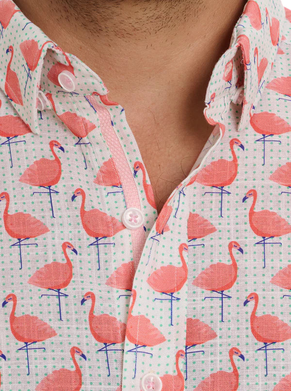 POLKA FLAMINGO SHORT SLEEVE BUTTON DOWN SHIRT