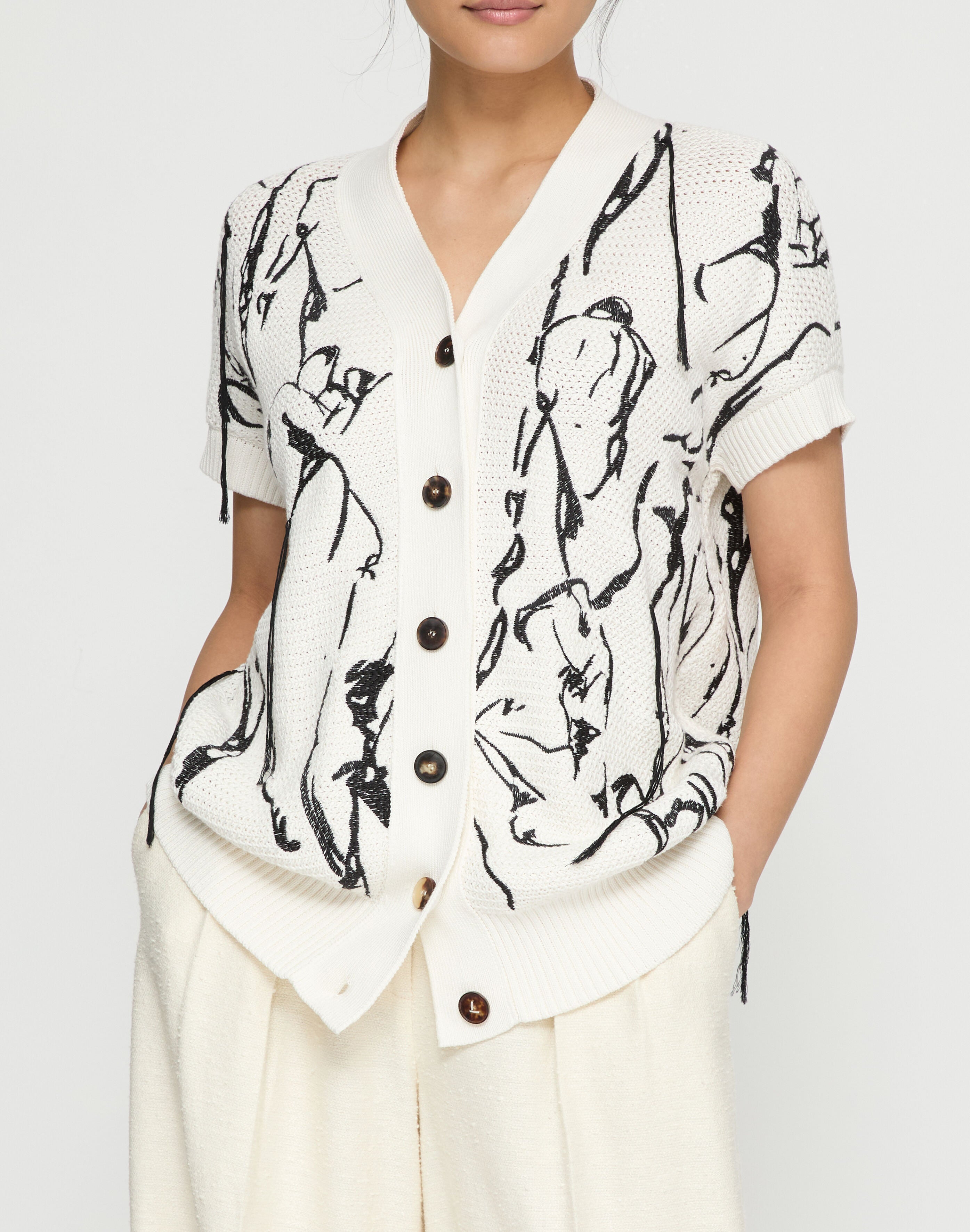 COTTON SILK TAPE EMBROIDERED BUTTONED VEST