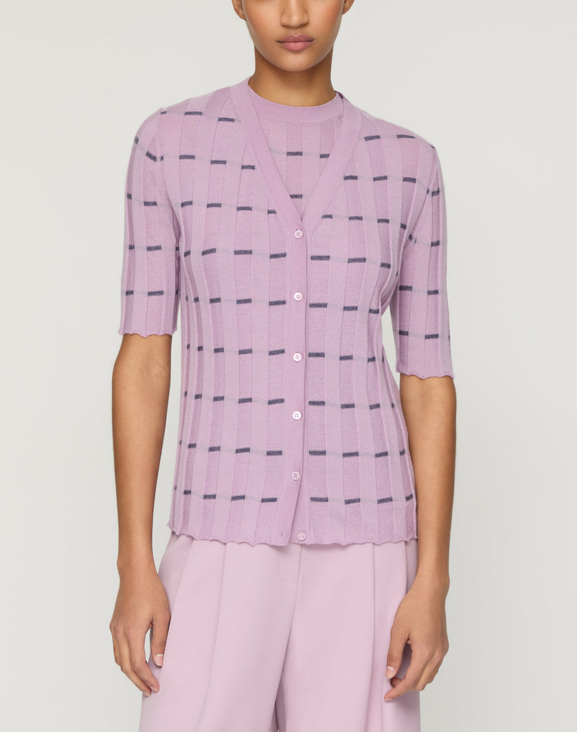 STRIPED FINE GAUGE CASHMERE RIBBED CARDIGAN