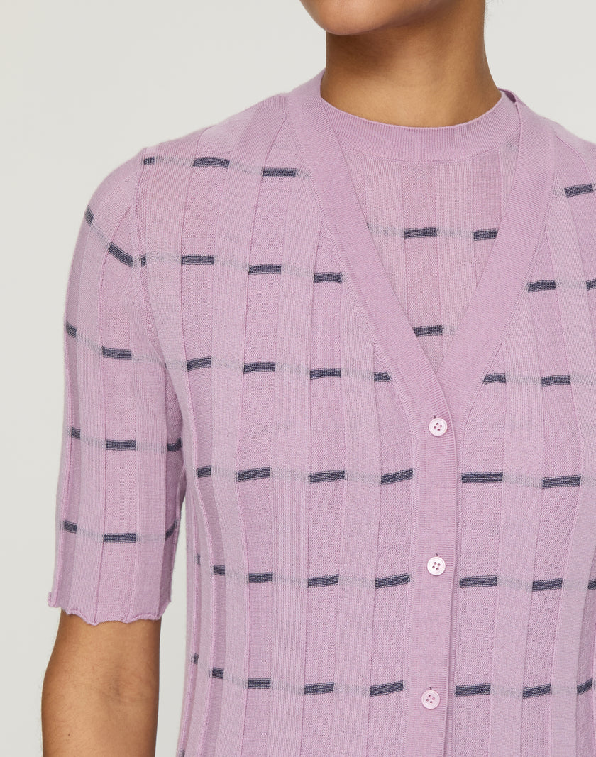 STRIPED FINE GAUGE CASHMERE RIBBED CARDIGAN