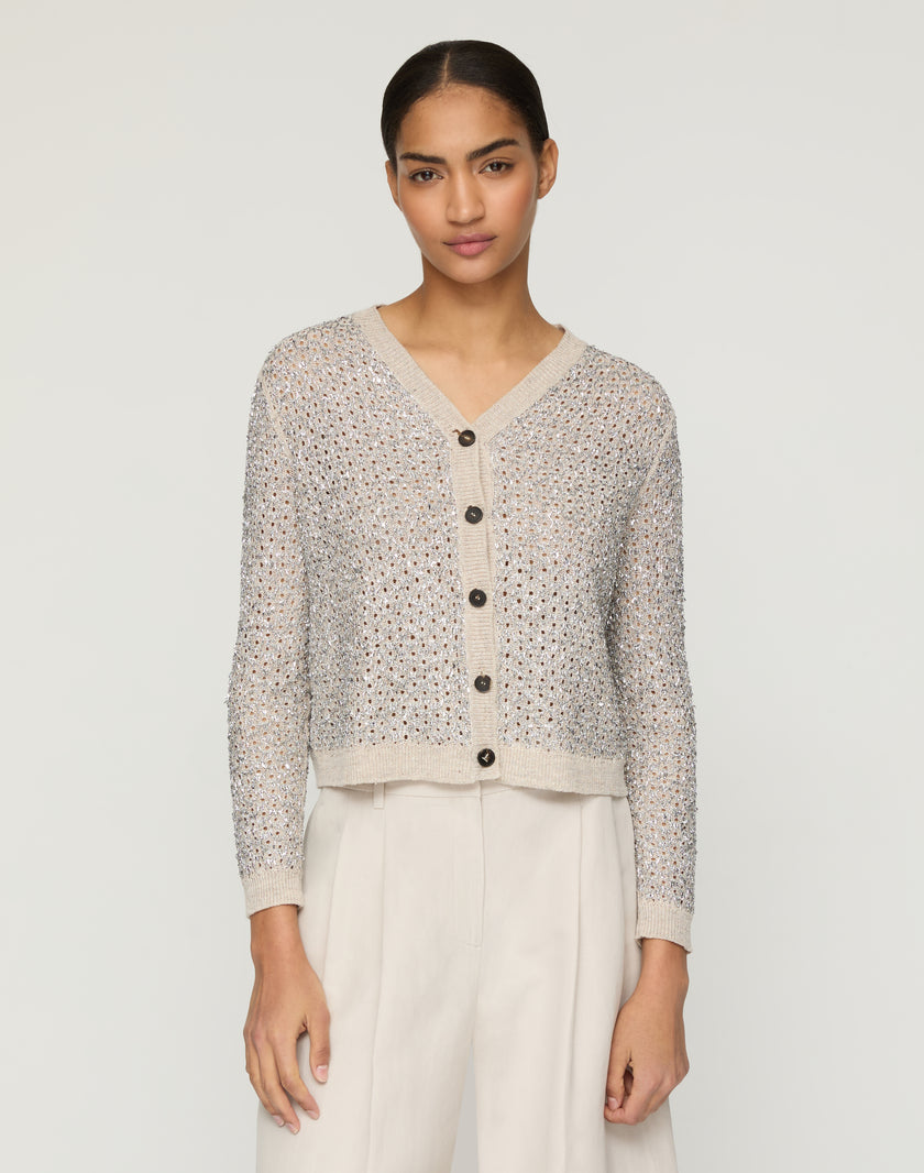 METALLIC LINEN SILK POINTELLE CARDIGAN