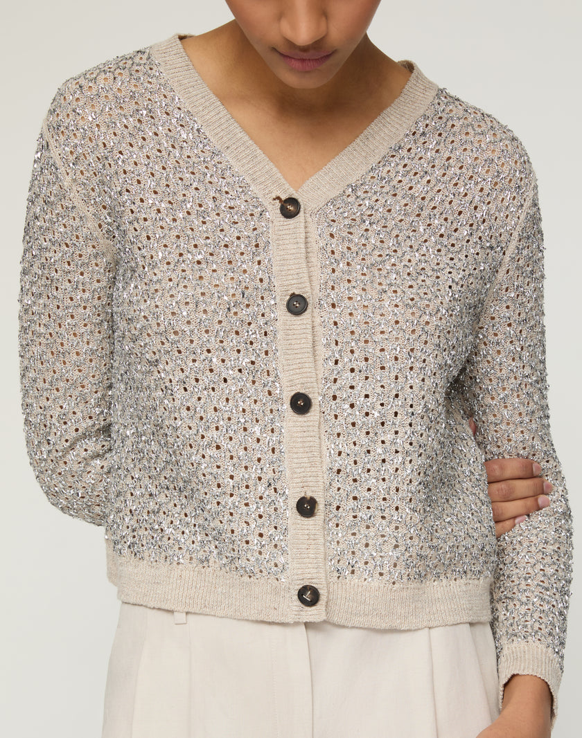 METALLIC LINEN SILK POINTELLE CARDIGAN