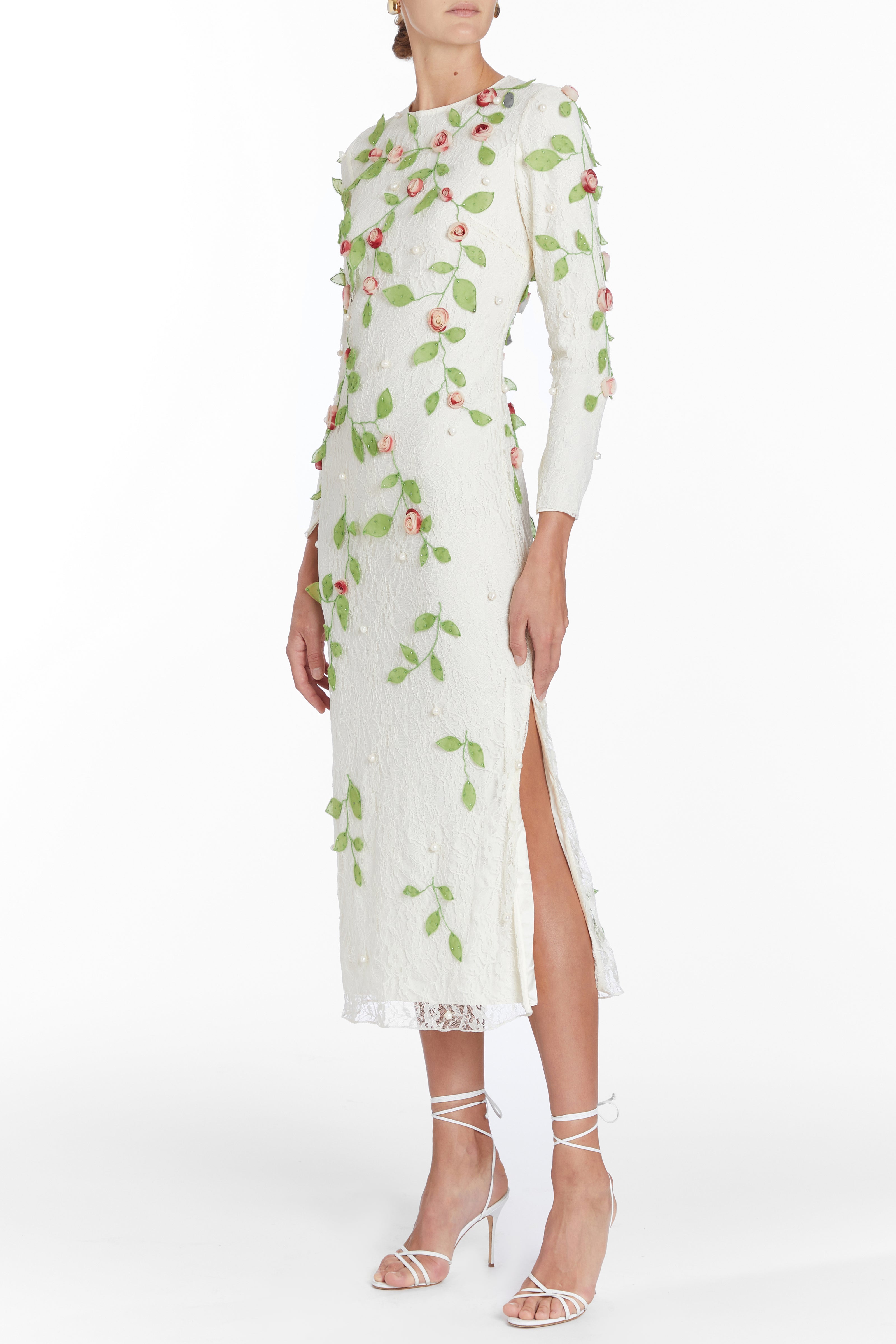 AVELINA  EMBROIDERED LACE MIDI DRESS