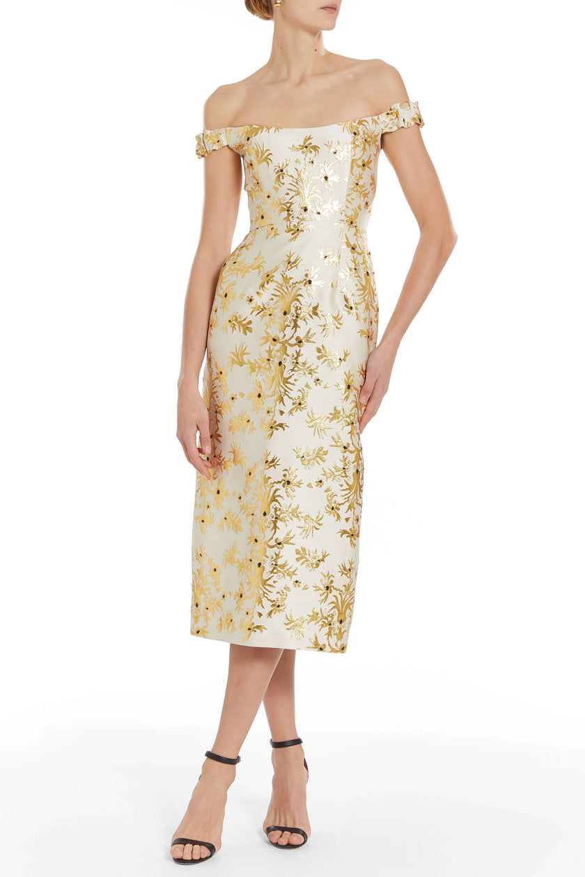 AMINA FLORAL BROCADE MIDI DRESS
