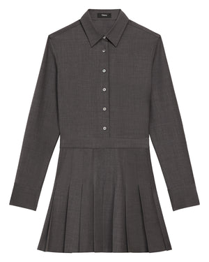 PLEATED MINI SHIRT DRESS IN STRETCH WOOL BLEND