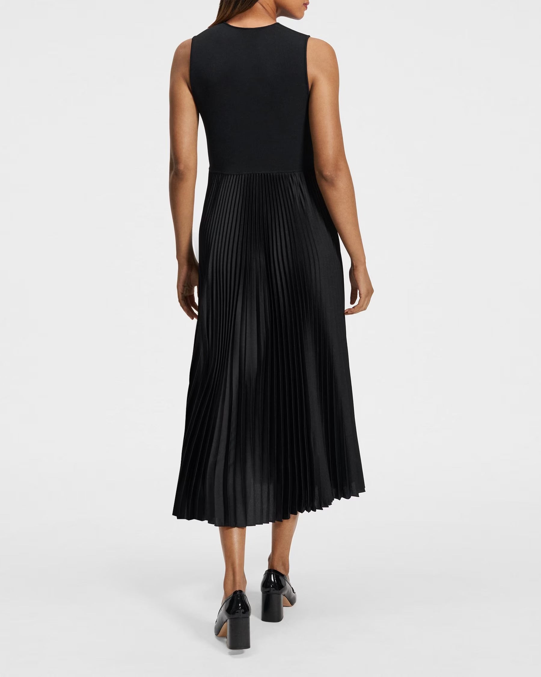 PLEATED COMBO DRESS IN TEXTURED SATIN