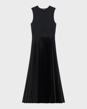 PLEATED COMBO DRESS IN TEXTURED SATIN