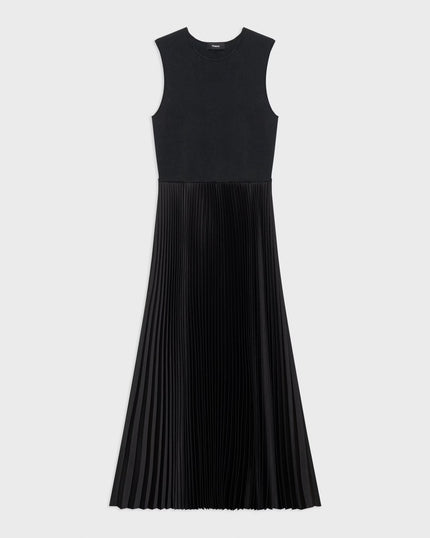 PLEATED COMBO DRESS IN TEXTURED SATIN