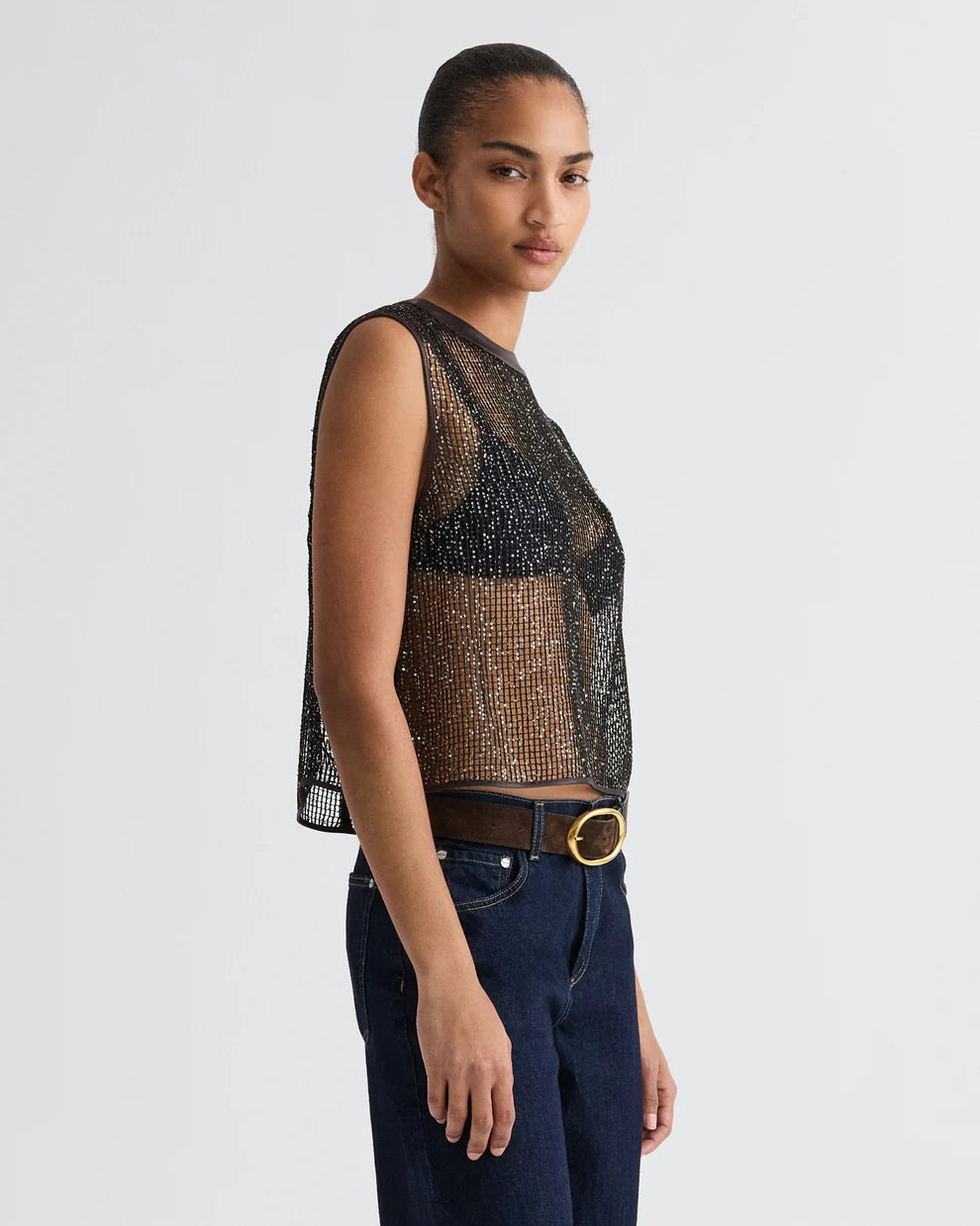 SHORT MUSCLE TANK IN MINI SEQUIN NETTING
