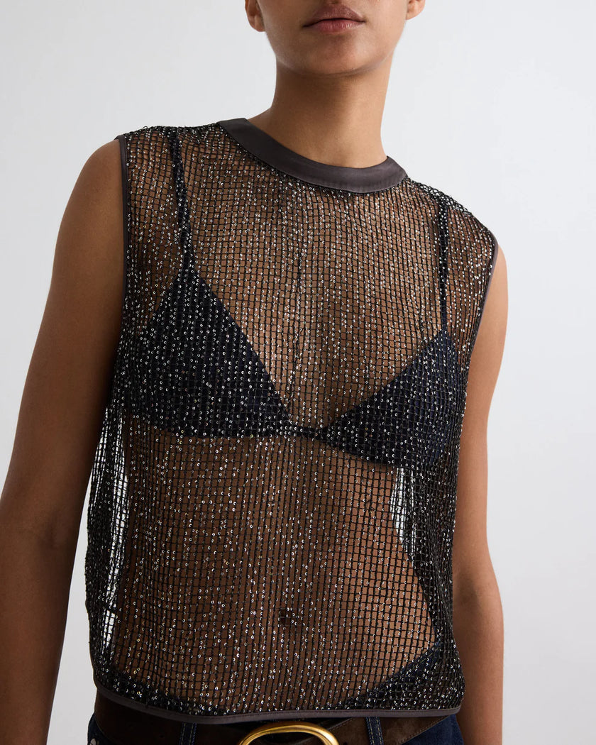 SHORT MUSCLE TANK IN MINI SEQUIN NETTING