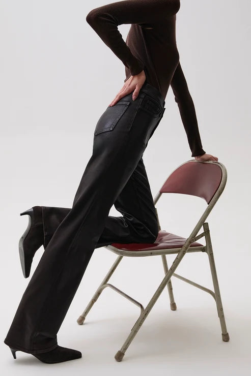 EVIE HIGH RISE SLIM BOOT CUT IN COATED MOCHA