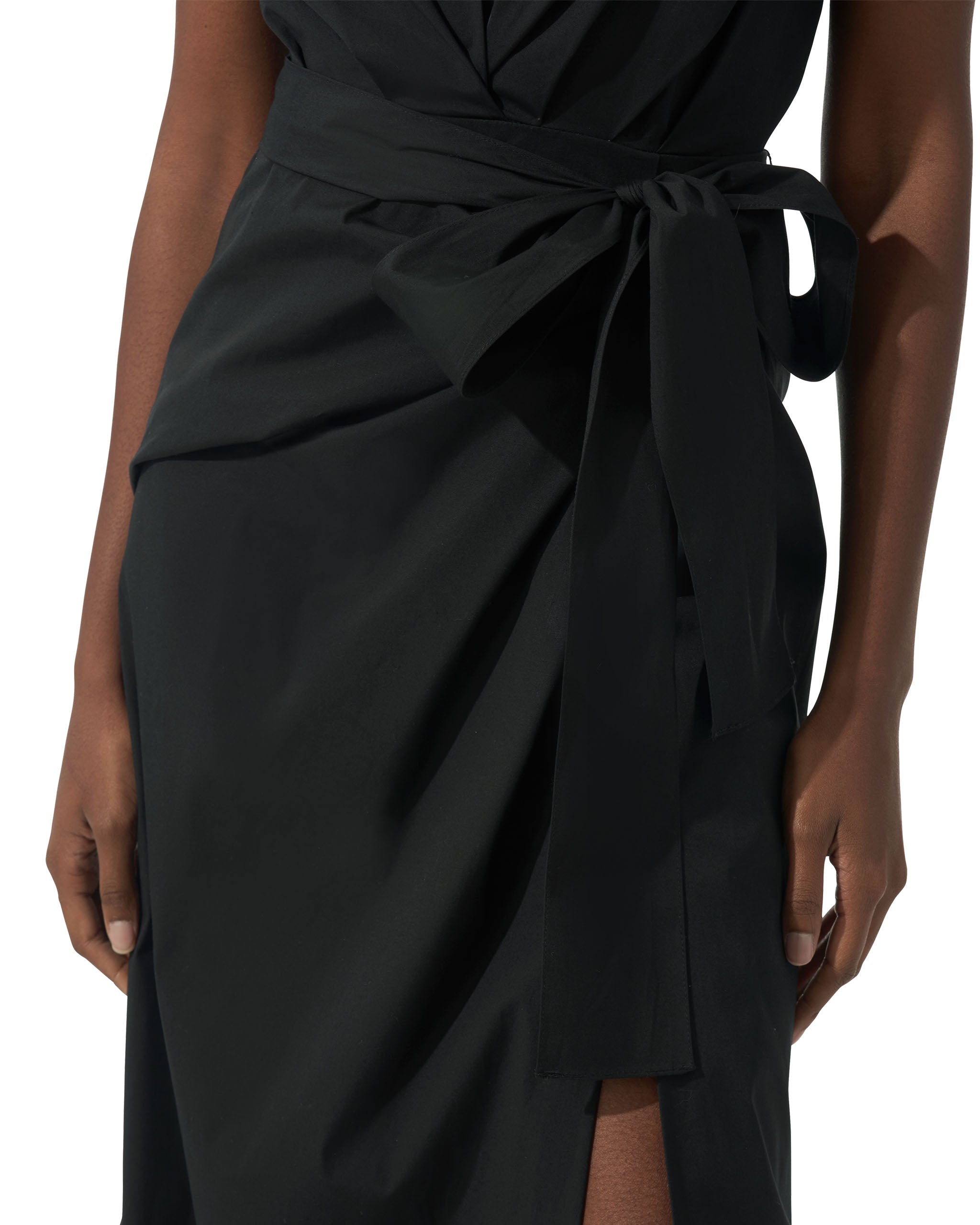 CAP SLEEVE SHIRT DRESS WITH DRAPED SKIRT AND SLIT