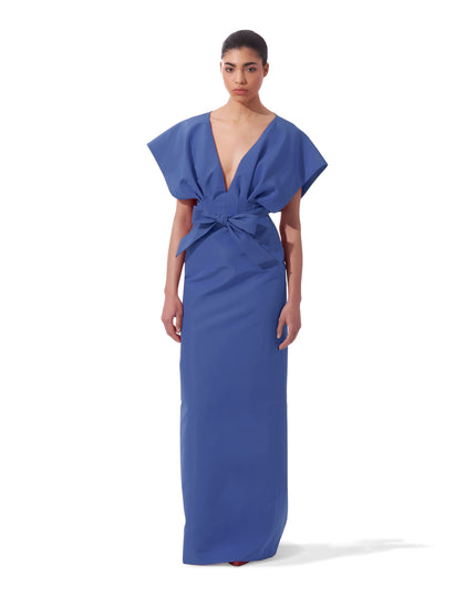 VNECK FAN BODICE COLUMN GOWN WITH WAIST BOW