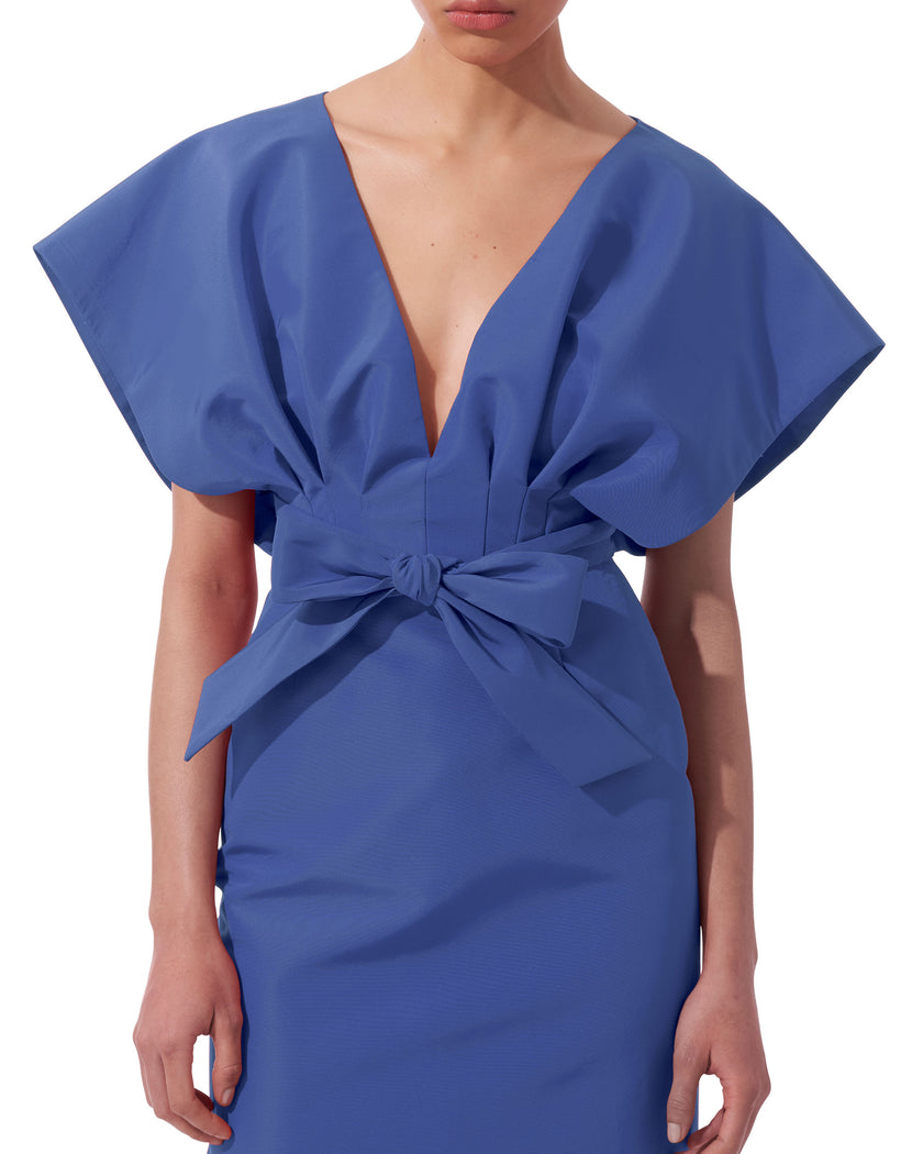 VNECK FAN BODICE COLUMN GOWN WITH WAIST BOW