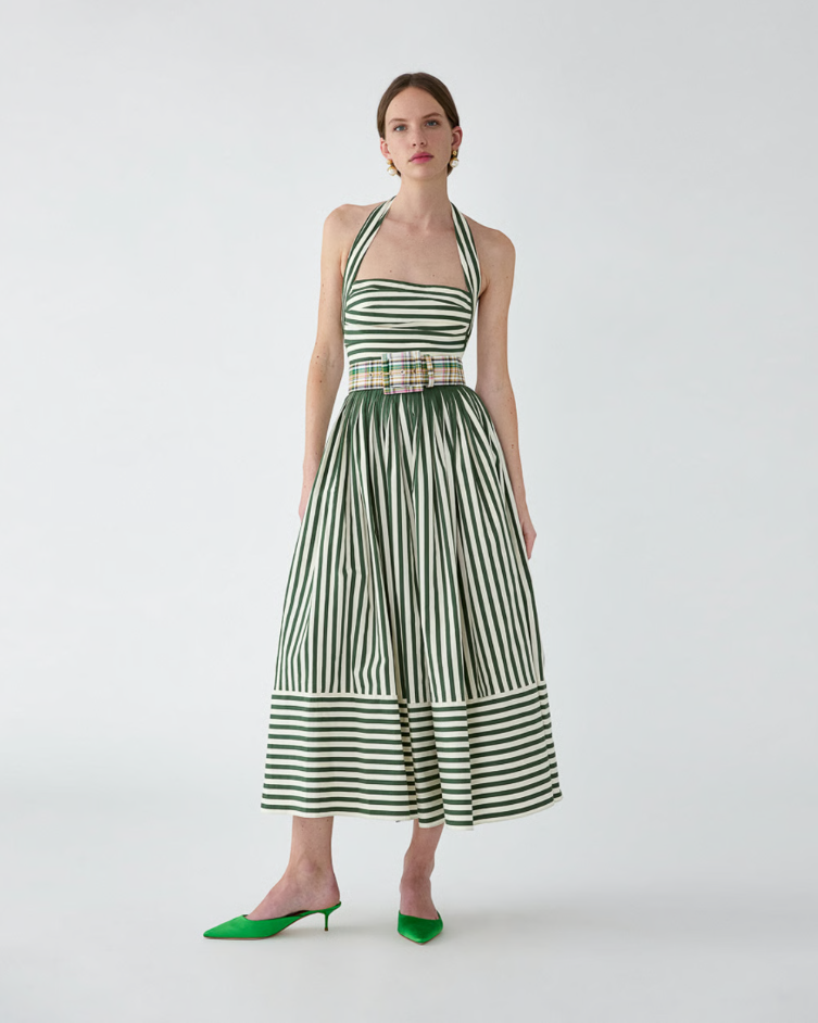 STRIPED HALTERNECK MIDI DRESS