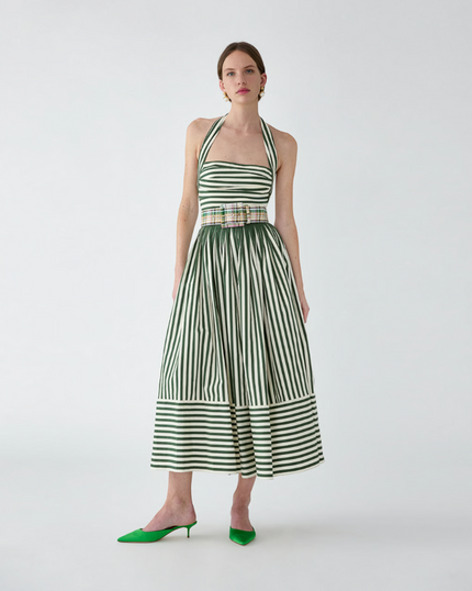 STRIPED HALTERNECK MIDI DRESS