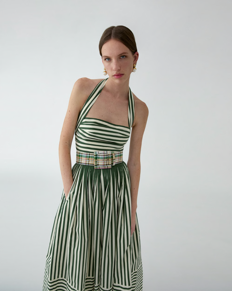 STRIPED HALTERNECK MIDI DRESS