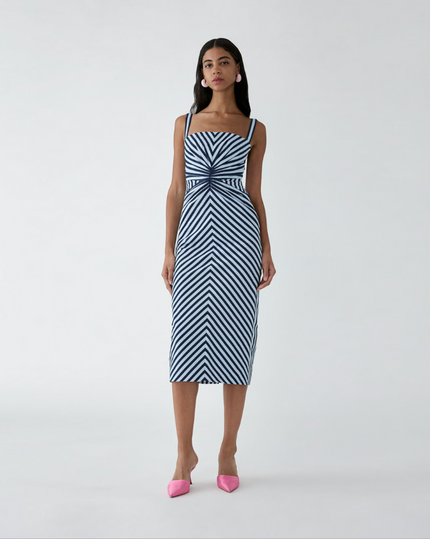 STRIPED PENCIL DRESS WITH RUCHING
