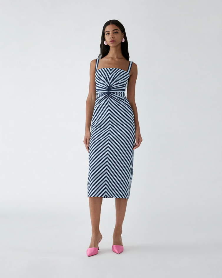 STRIPED PENCIL DRESS WITH RUCHING