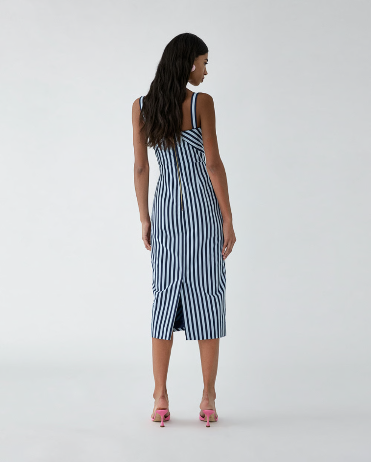 STRIPED PENCIL DRESS WITH RUCHING