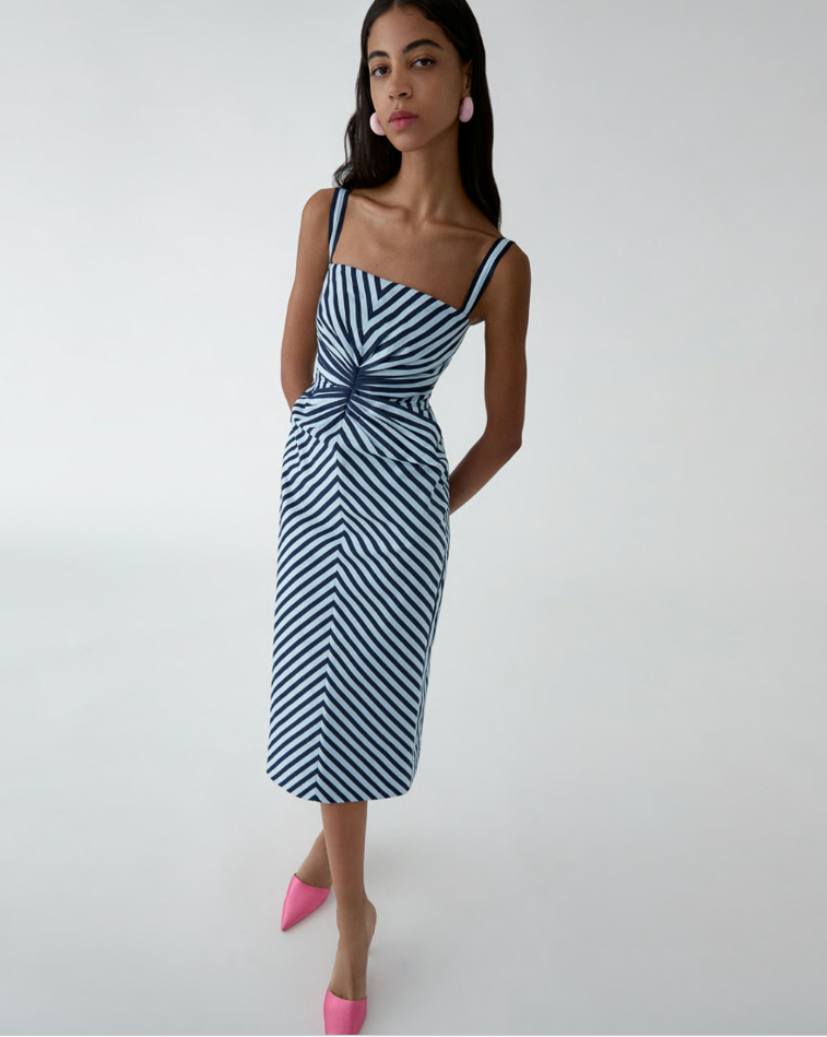 STRIPED PENCIL DRESS WITH RUCHING