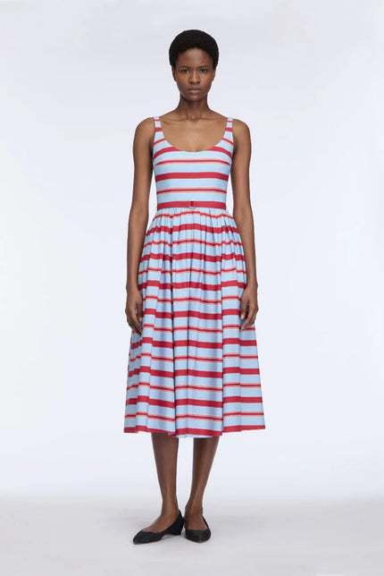 EGLANTINE DRESS IN BLUE AND RED STRIPED COTTON POPCLAN