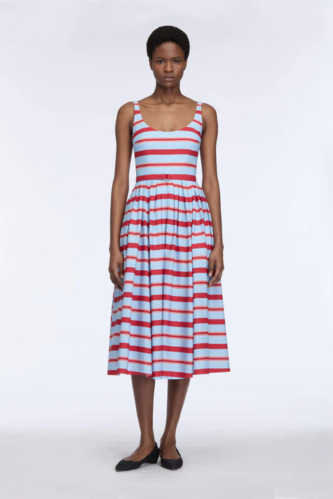 EGLANTINE DRESS IN BLUE AND RED STRIPED COTTON POPCLAN