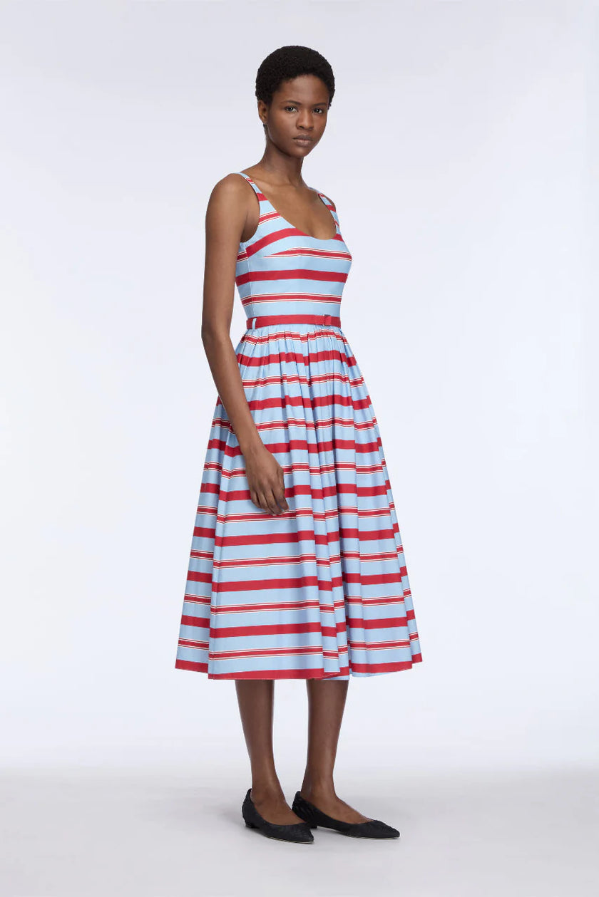 EGLANTINE DRESS IN BLUE AND RED STRIPED COTTON POPCLAN