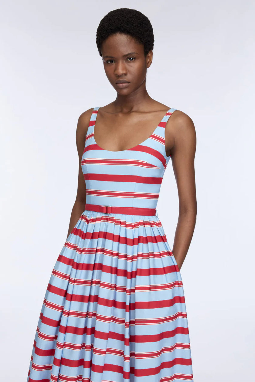EGLANTINE DRESS IN BLUE AND RED STRIPED COTTON POPCLAN