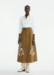 LEATHER FLORAL EMBROIDERED RUSTIC STRETCH COTTON SKIRT