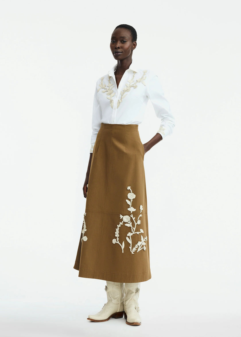LEATHER FLORAL EMBROIDERED RUSTIC STRETCH COTTON SKIRT