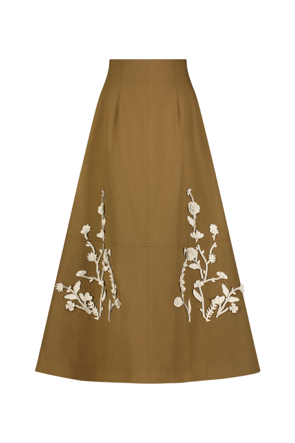 LEATHER FLORAL EMBROIDERED RUSTIC STRETCH COTTON SKIRT
