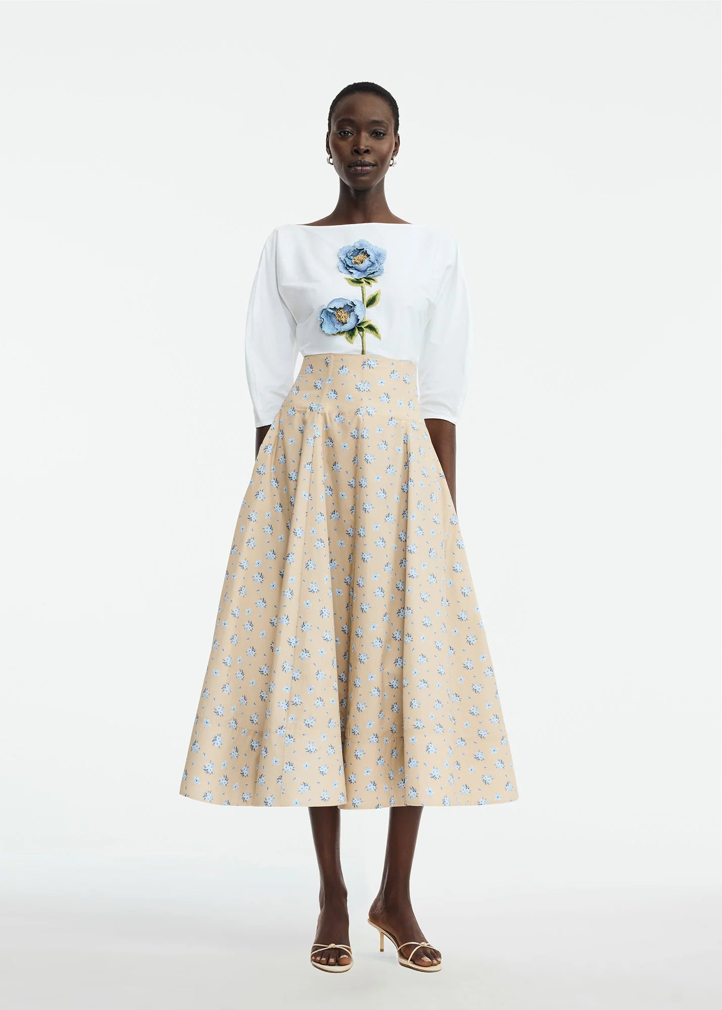 3D PEONY EMBROIDERED COTTON POPLIN TOP