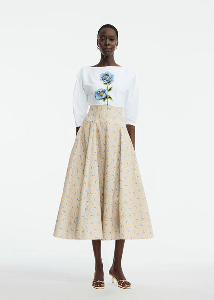 3D PEONY EMBROIDERED COTTON POPLIN TOP