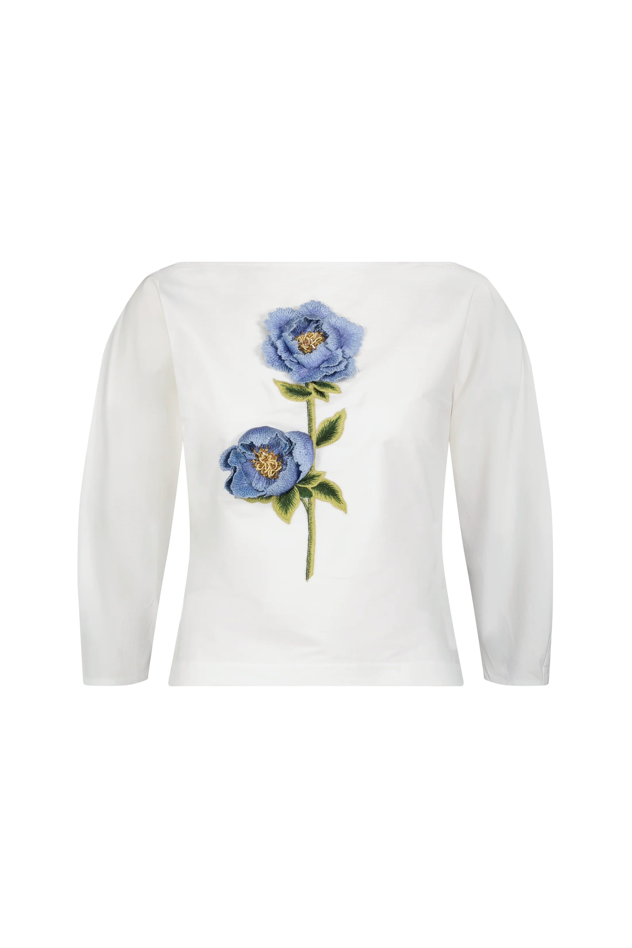 3D PEONY EMBROIDERED COTTON POPLIN TOP