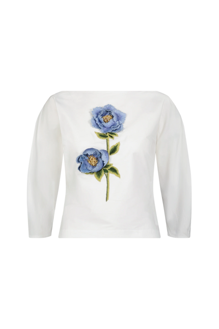 3D PEONY EMBROIDERED COTTON POPLIN TOP
