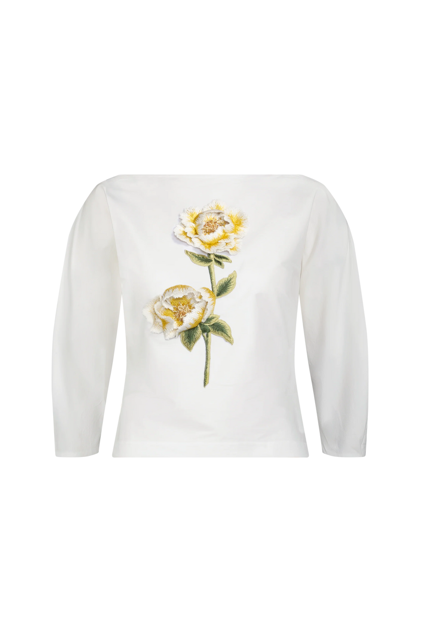 3D PEONY EMBROIDERED COTTON POPLIN TOP