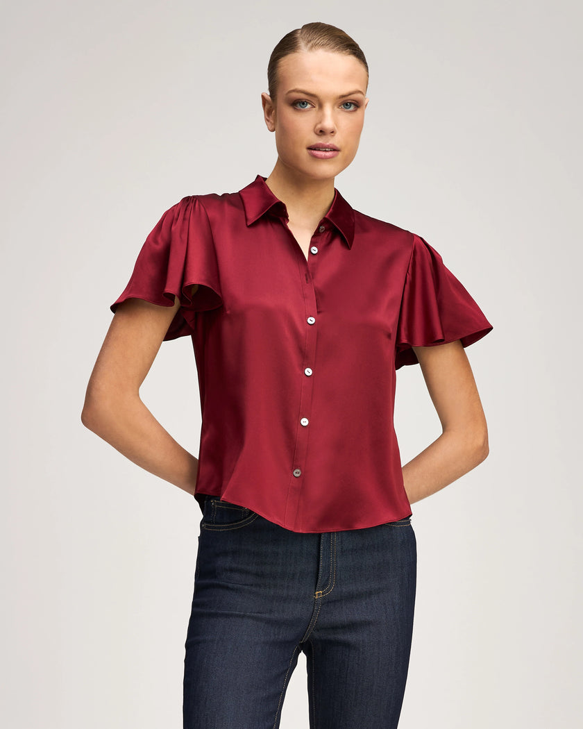 FLUTTER SLEEVE FIONA TOP IN BERRYWINE