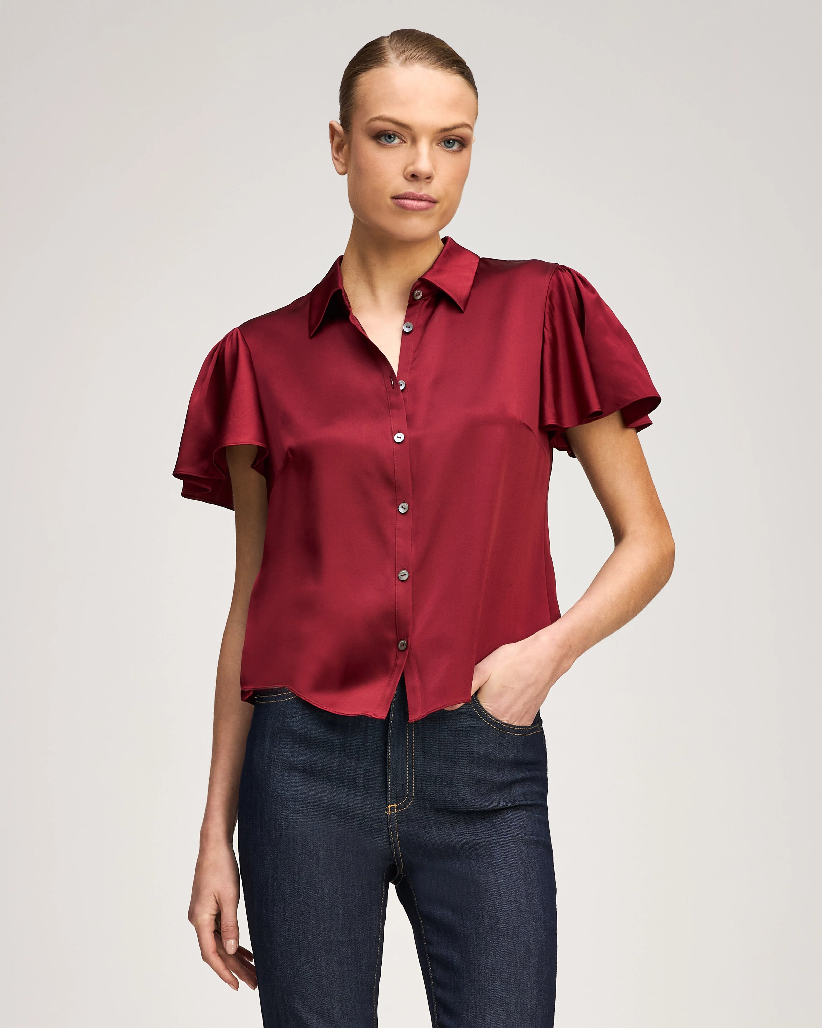 FLUTTER SLEEVE FIONA TOP IN BERRYWINE