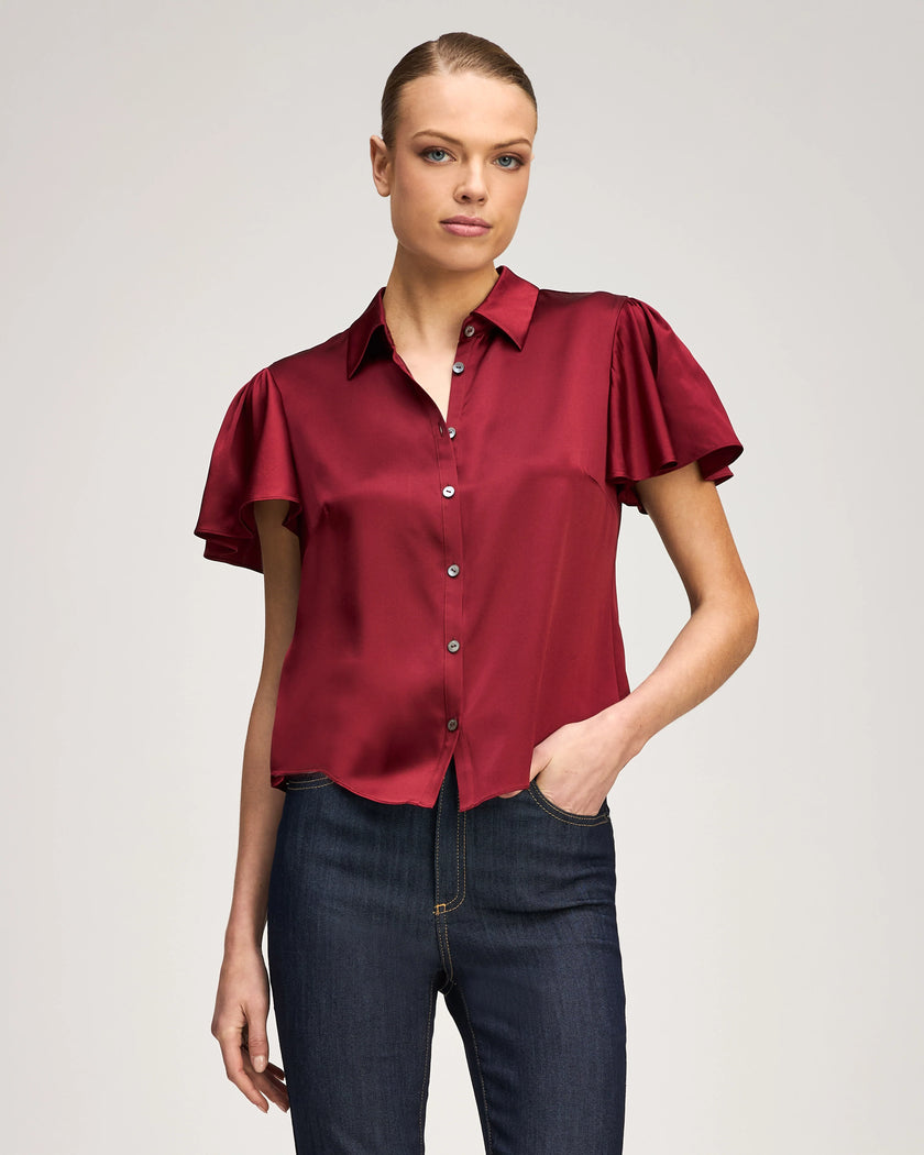 FLUTTER SLEEVE FIONA TOP IN BERRYWINE
