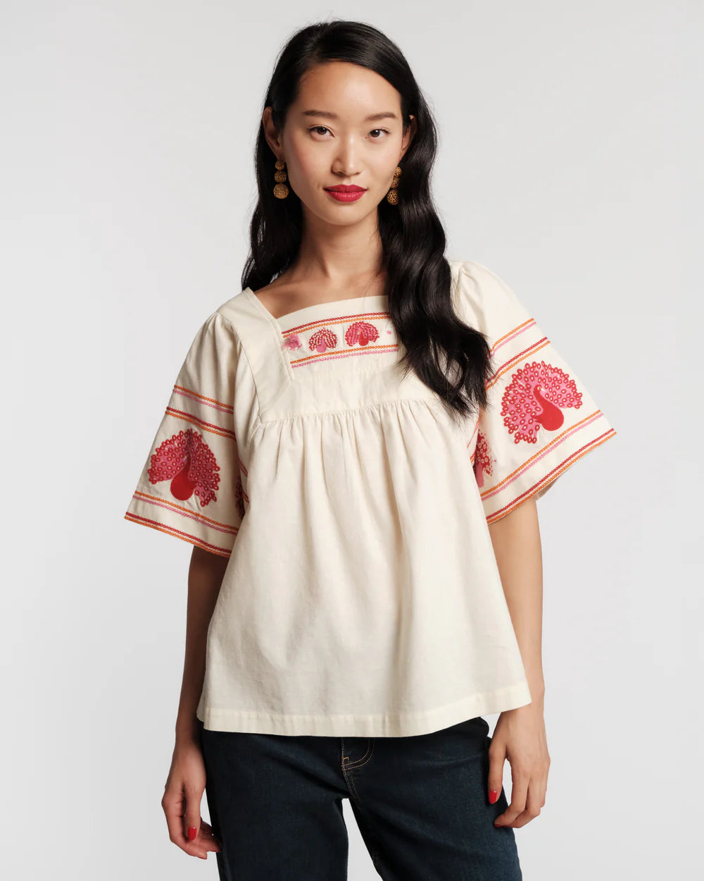 PICNIC TOP PEACOCK EMBROIDERY