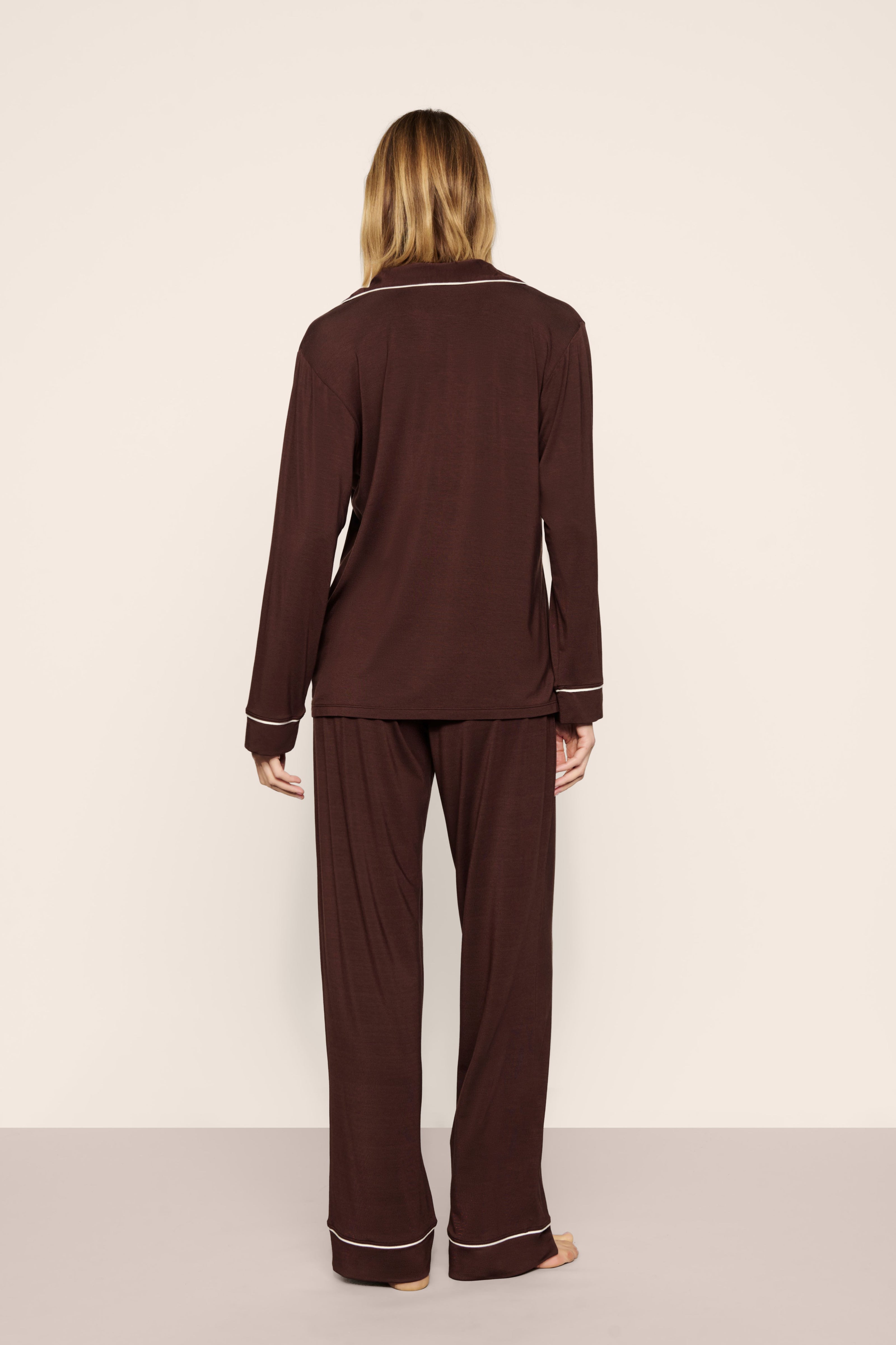 GISELE TENCEL MODAL LONG PJ SET IN CHOCOLATE AND IVORY
