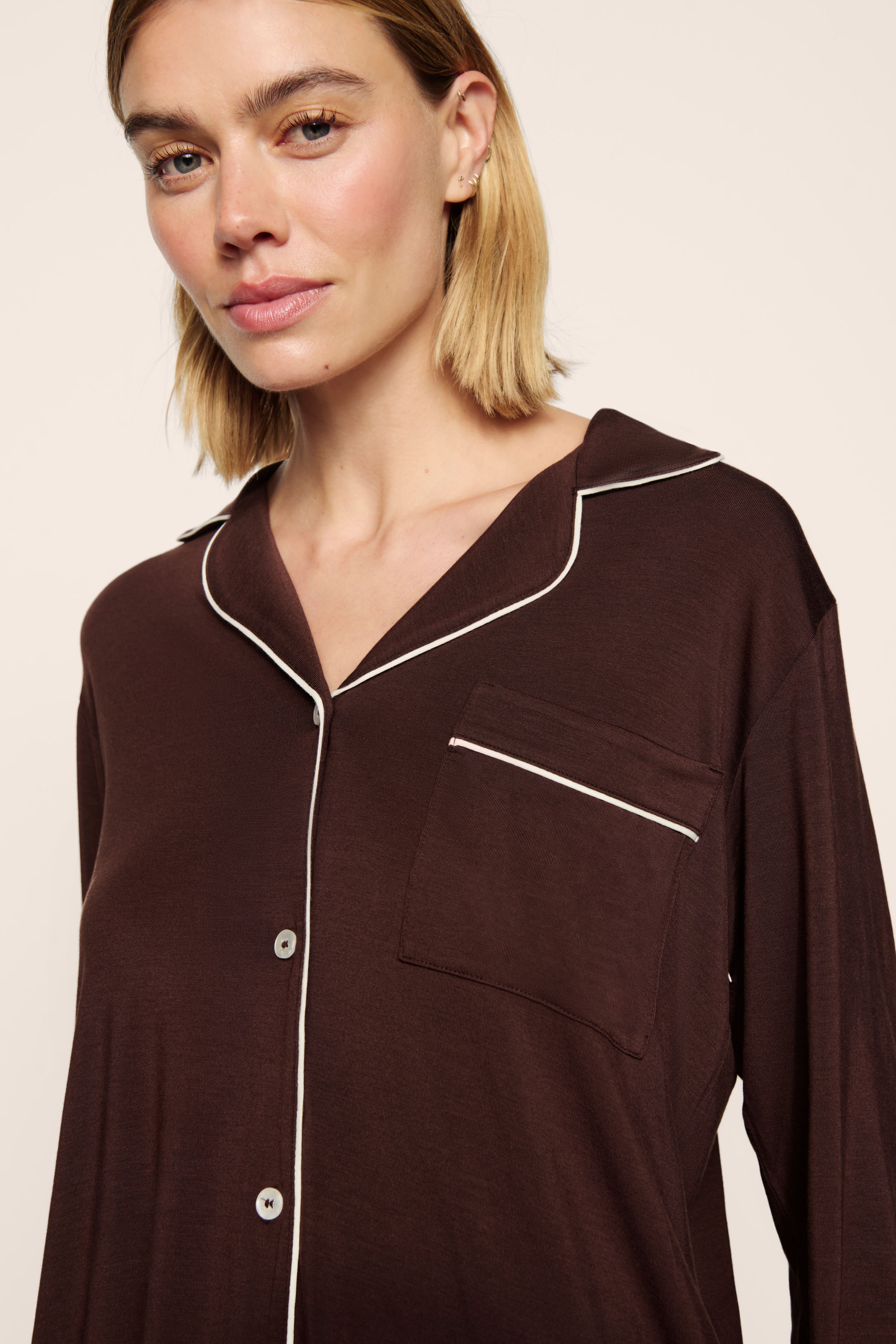 GISELE TENCEL MODAL LONG PJ SET IN CHOCOLATE AND IVORY