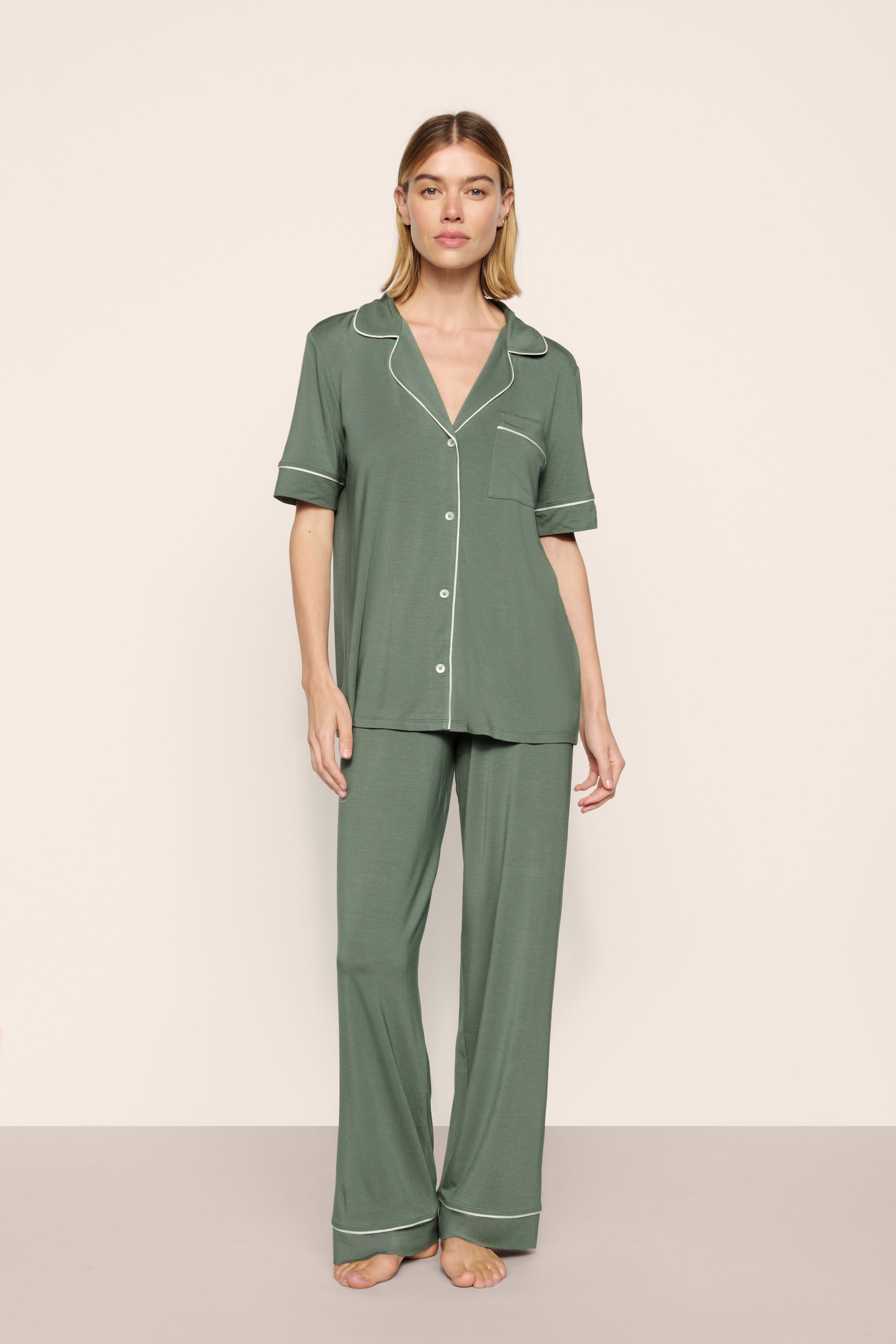 GISELE SHORT SLEEVE AND PANT PJ SET IN DESERT SAGE AND IVORY