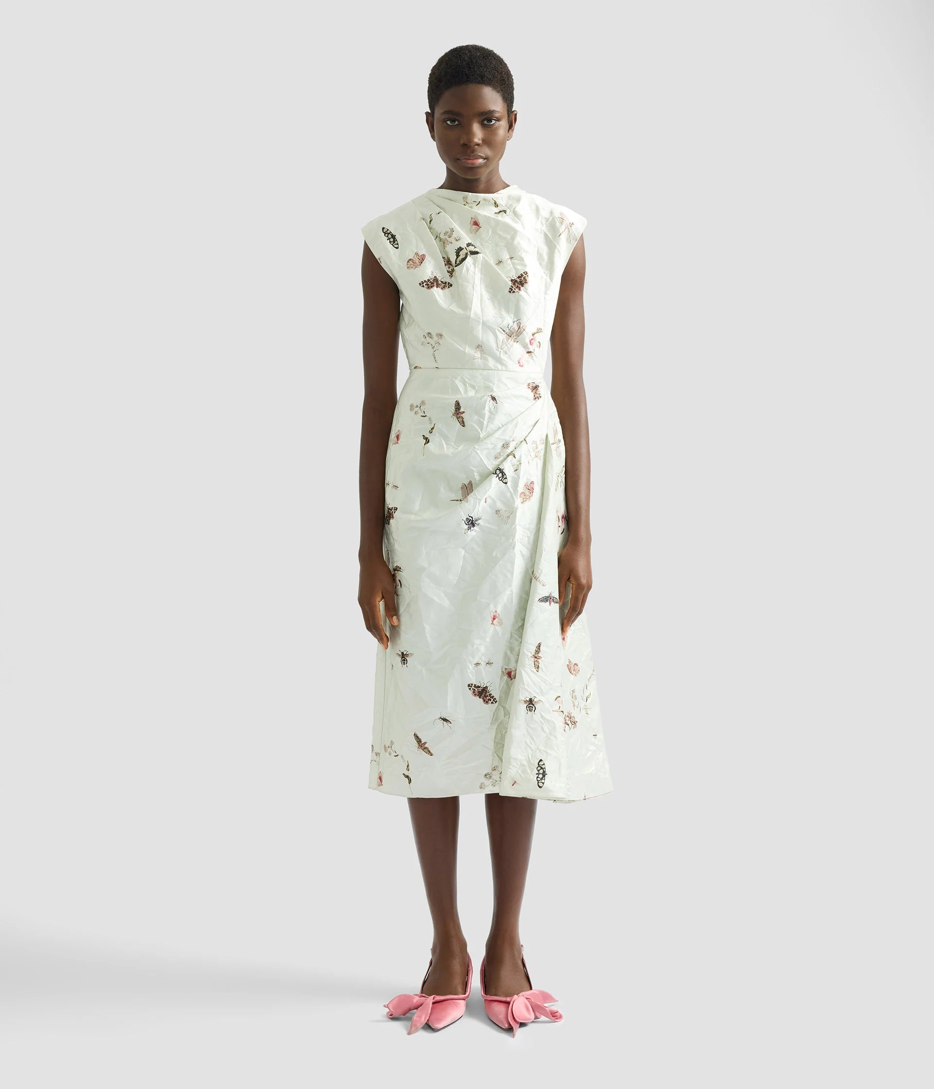 DRAPED PRINTED TEXTURED SATIN MIDI DRESS