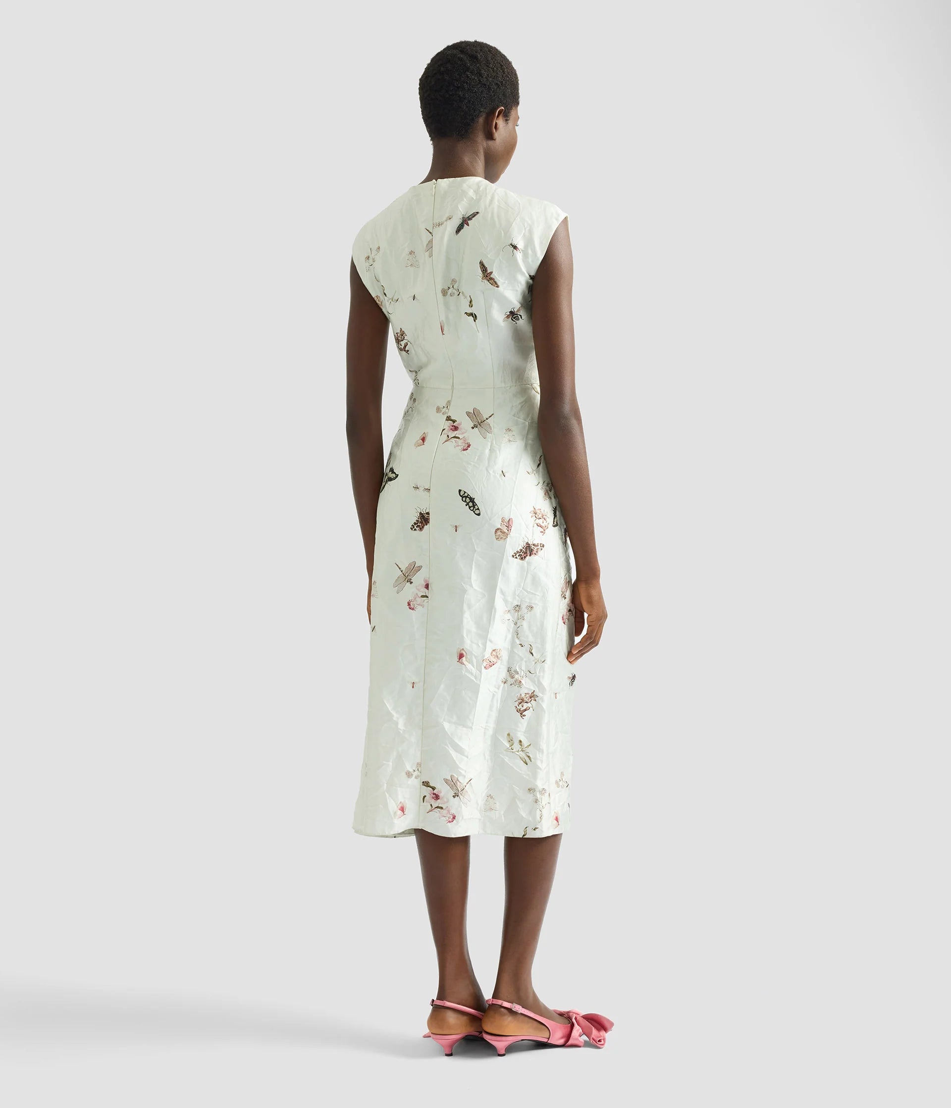 DRAPED PRINTED TEXTURED SATIN MIDI DRESS