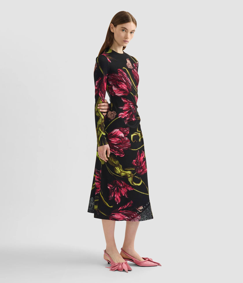 FLORAL PRINT PONTE JERSEY LONG SLEEVE MIDI DRESS