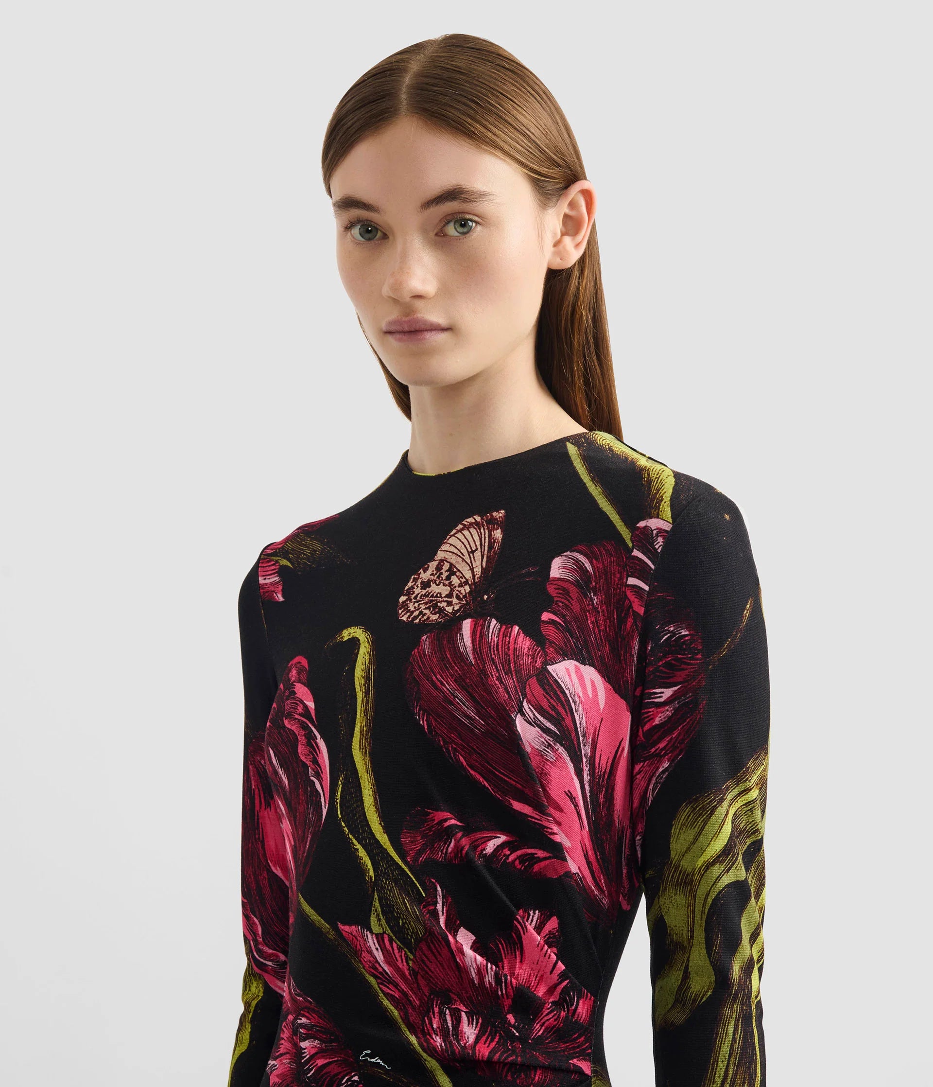 FLORAL PRINT PONTE JERSEY LONG SLEEVE MIDI DRESS