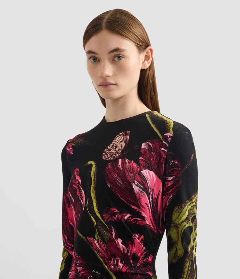 FLORAL PRINT PONTE JERSEY LONG SLEEVE MIDI DRESS
